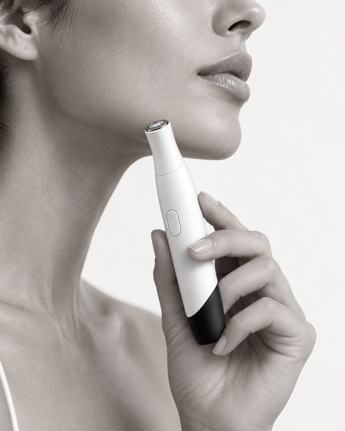 SILQ facial hair remover held near the jawline